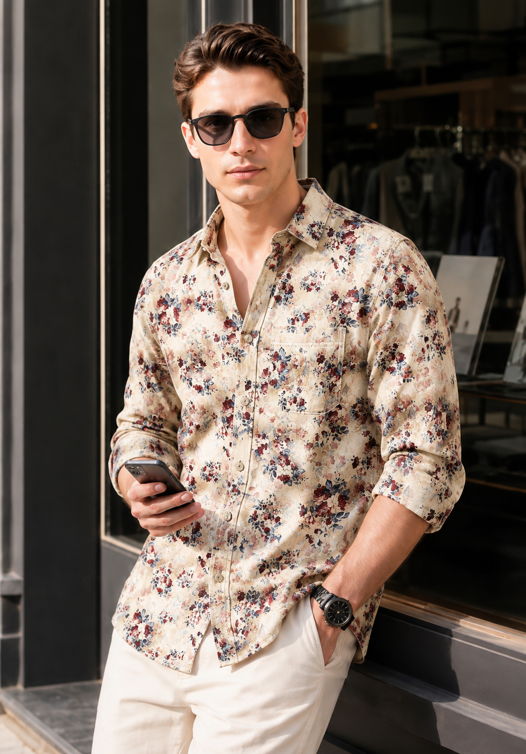 Men’s Premium Beige Floral Printed Casual Shirt