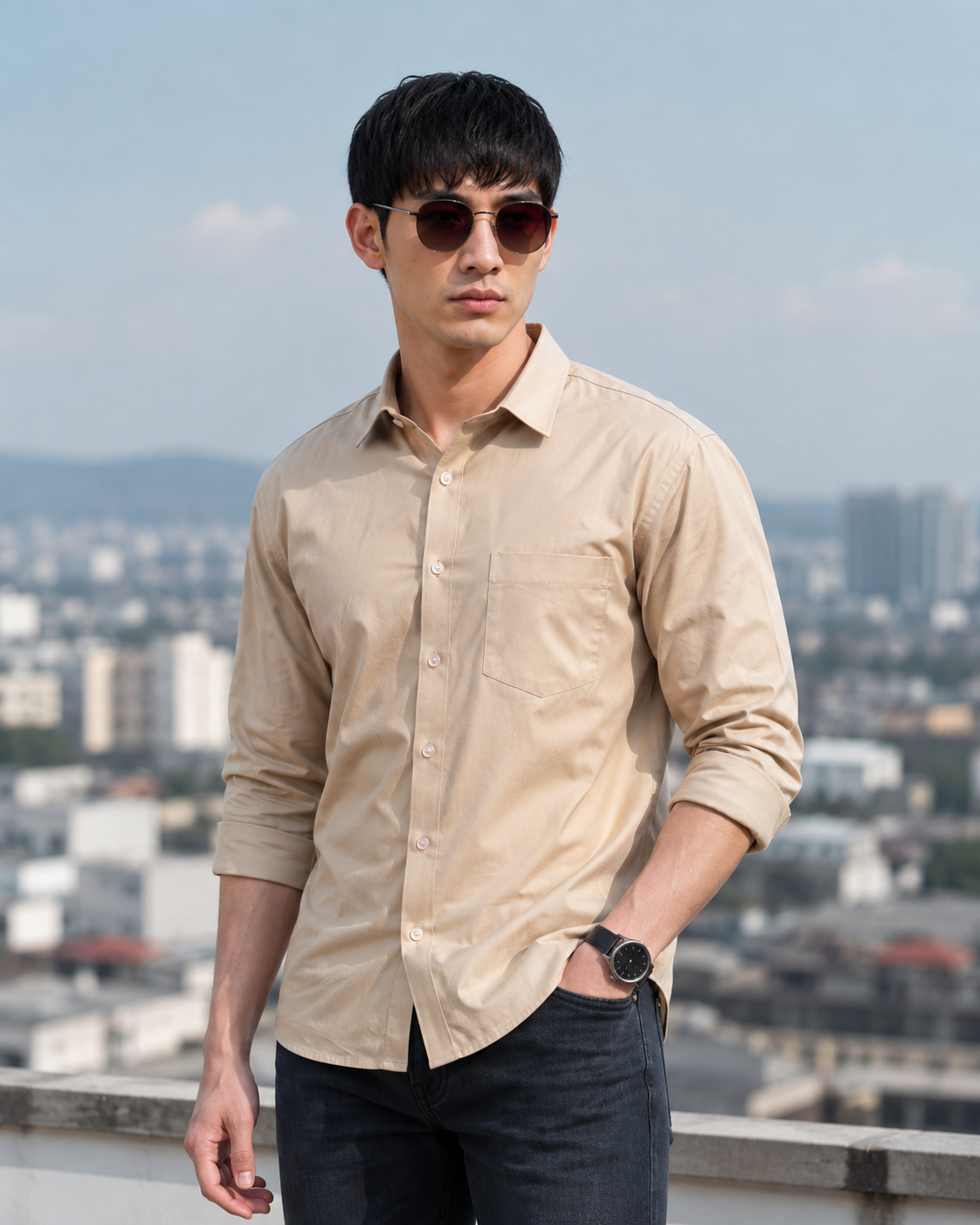 Men’s Premium Solid Beige Casual Shirt