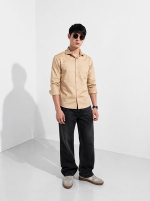 GLESTO men's solid beige casual shirt with pocket – view 3