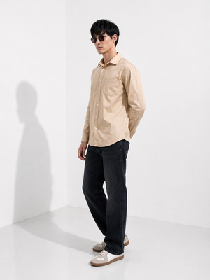 GLESTO men's solid beige casual shirt with pocket – view 4