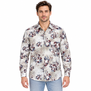 GLESTO men's beige floral printed casual shirt