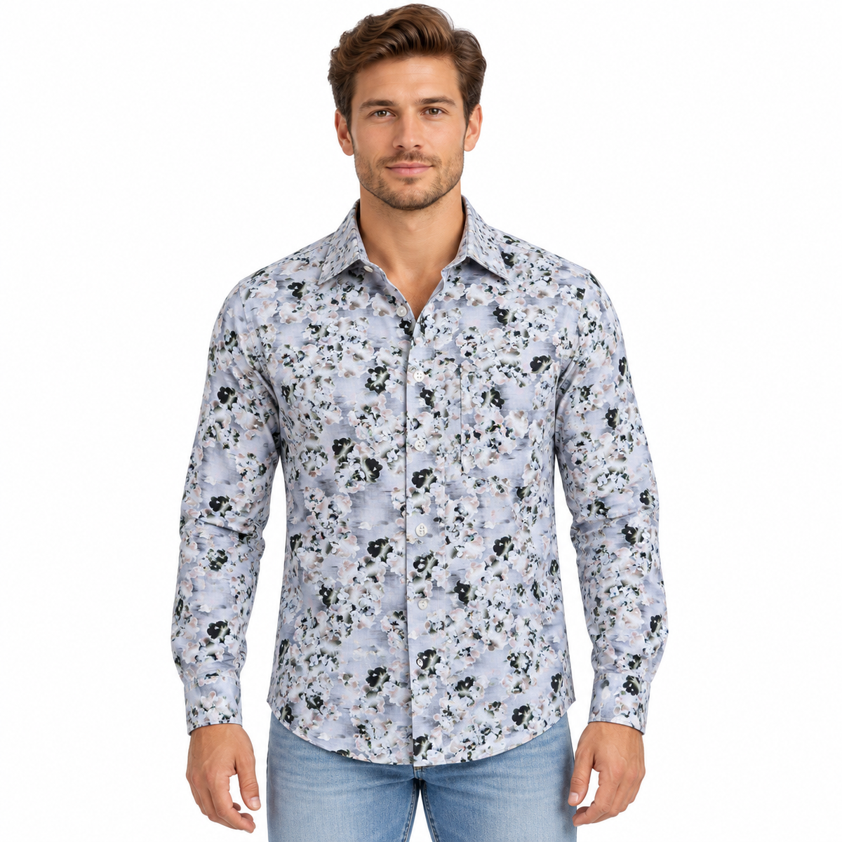 GLESTO men's white floral printed casual shirt
