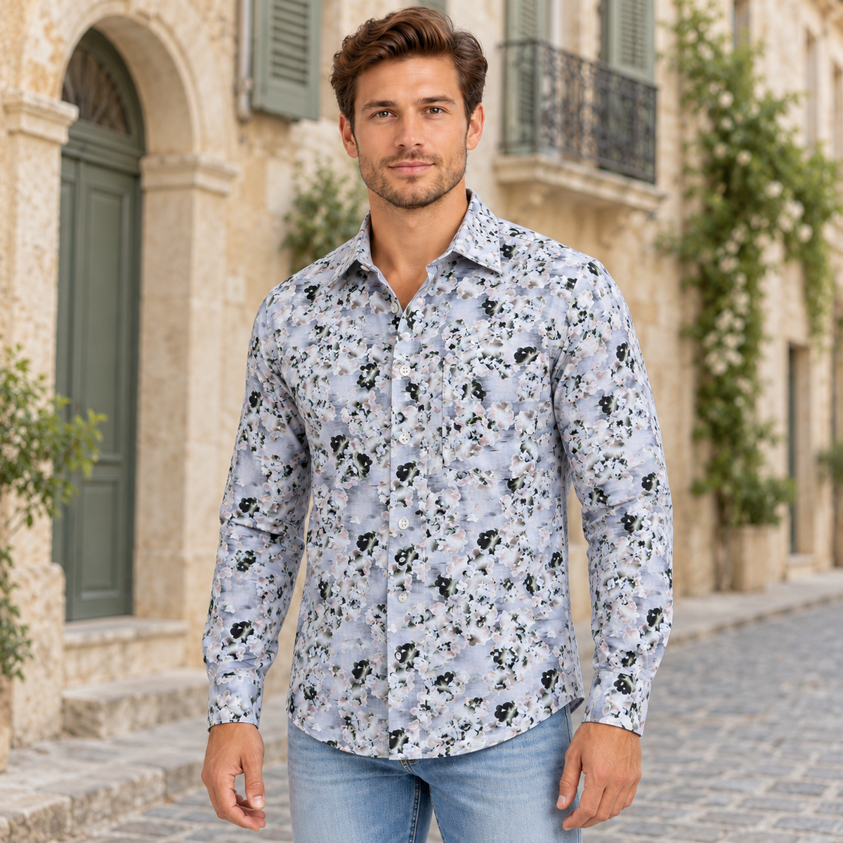 GLESTO men's white floral printed casual shirt – view 2