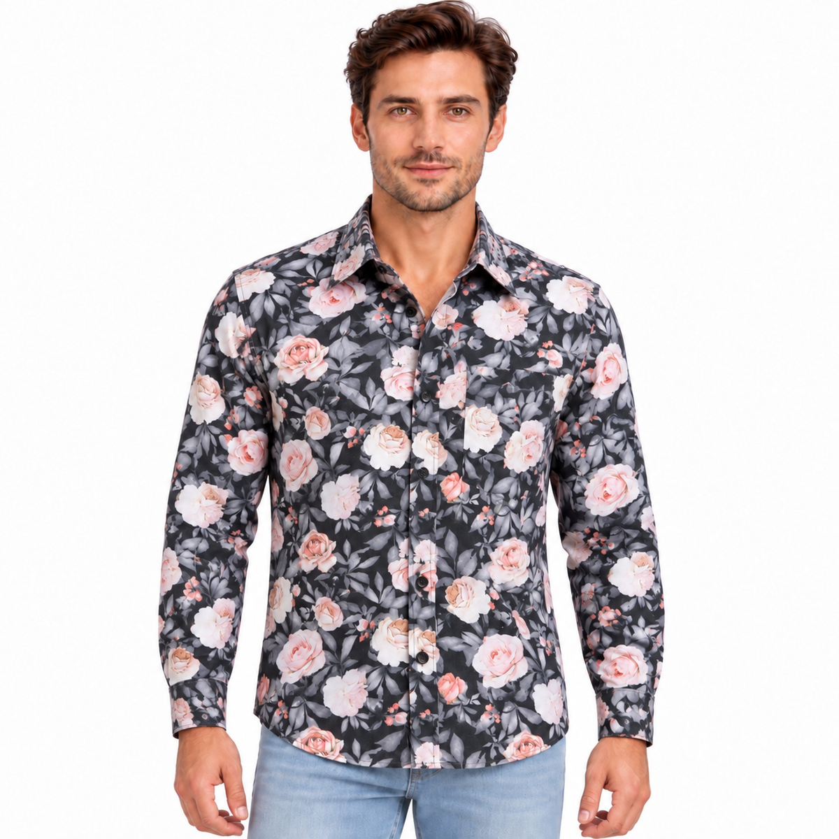 GLESTO men's black floral print cotton shirt, full sleeve