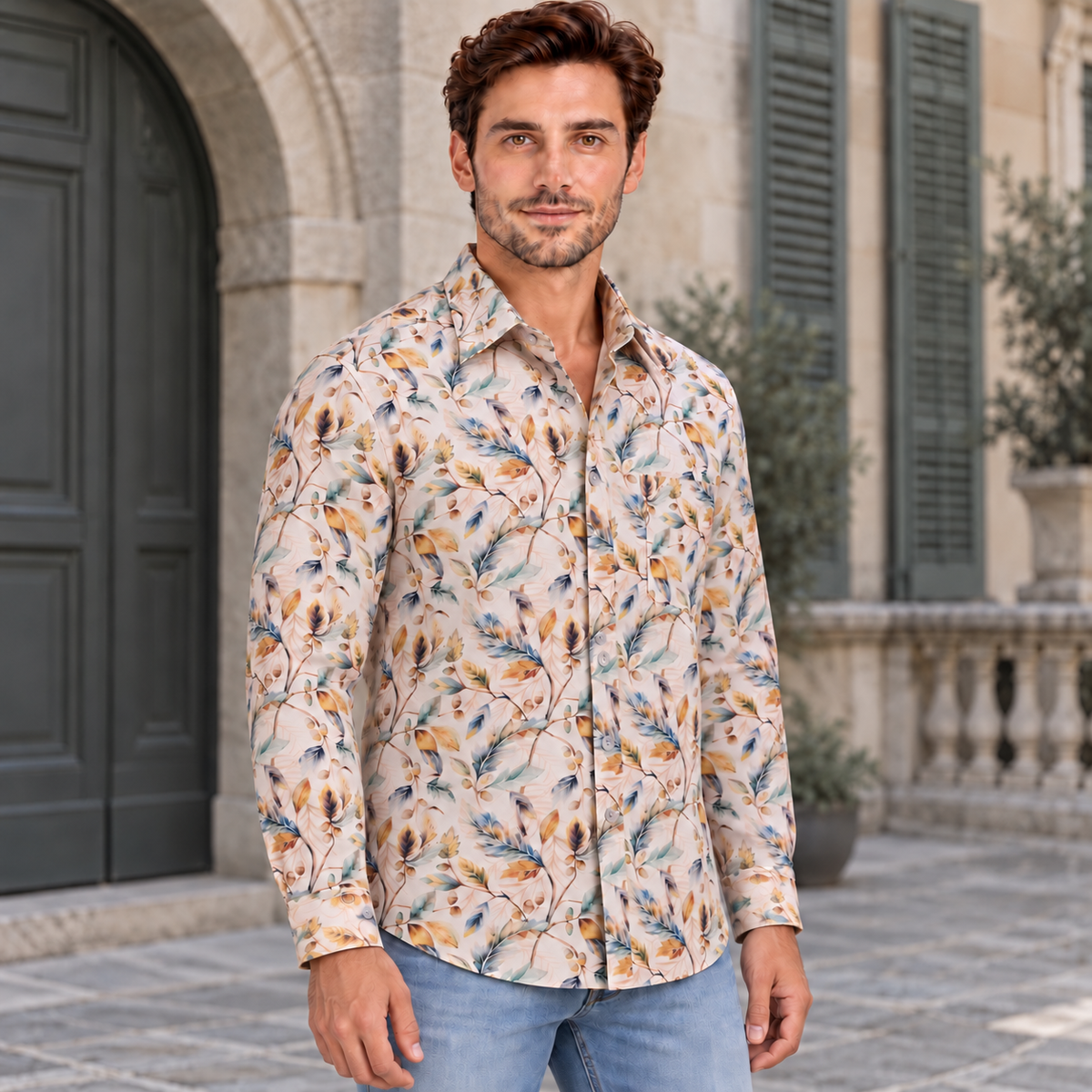 GLESTO Verona Meadow beige botanical print shirt for men – view 2