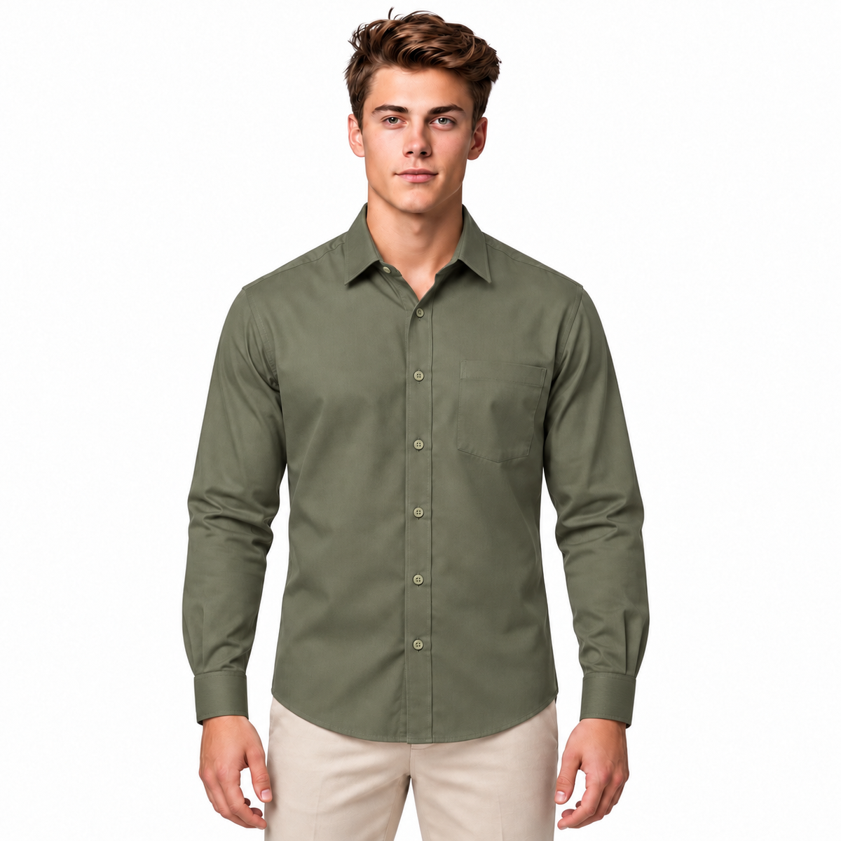 GLESTO men's olive green solid cotton full sleeve shirt – front view on white background