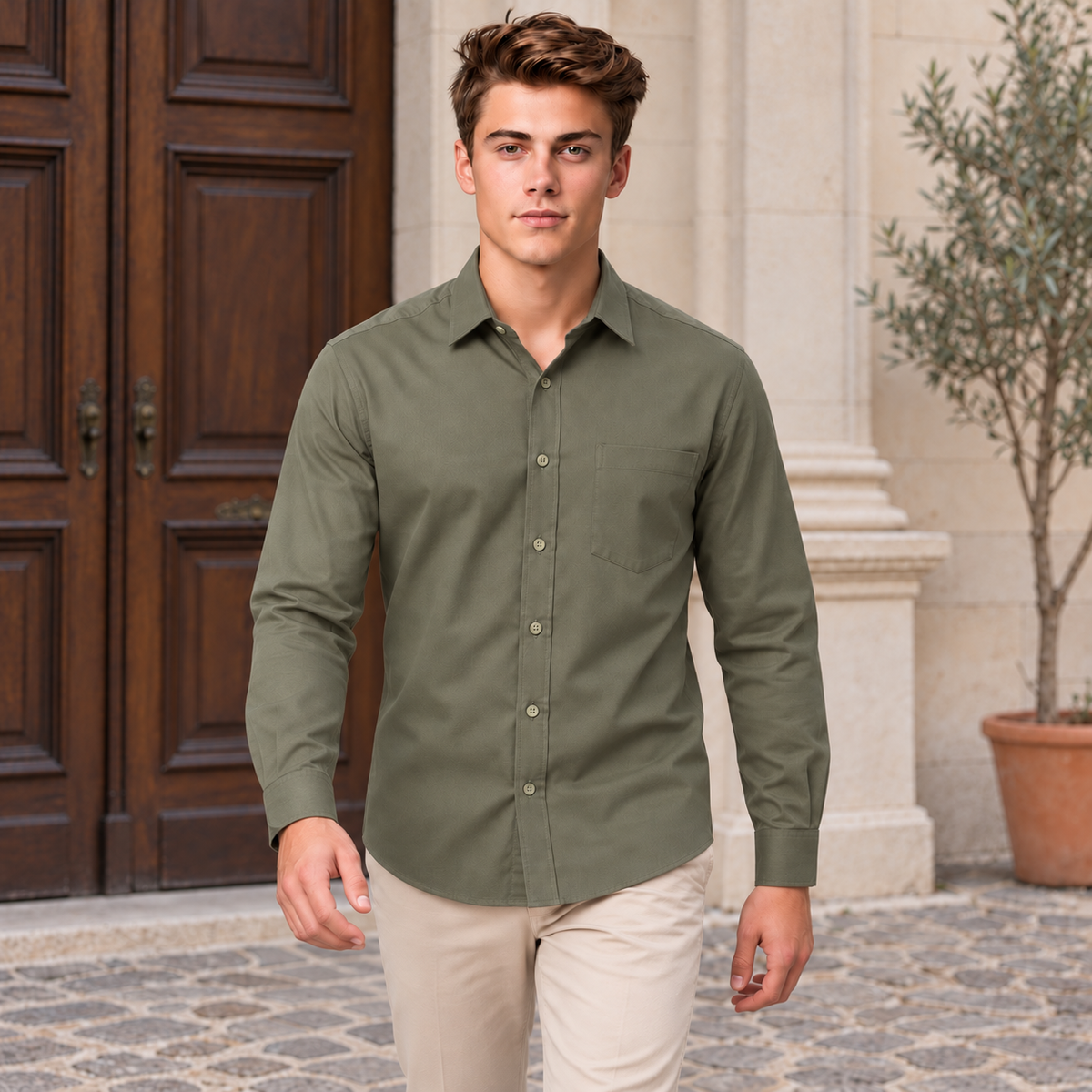 GLESTO men's olive green solid cotton shirt worn outdoors – front view