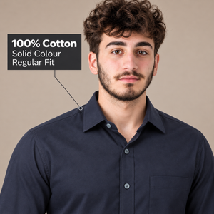 GLESTO navy blue shirt – collar and 100% cotton fabric close-up