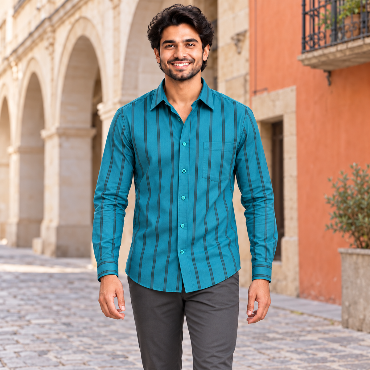 GLESTO men's teal blue striped cotton shirt worn outdoors – front view