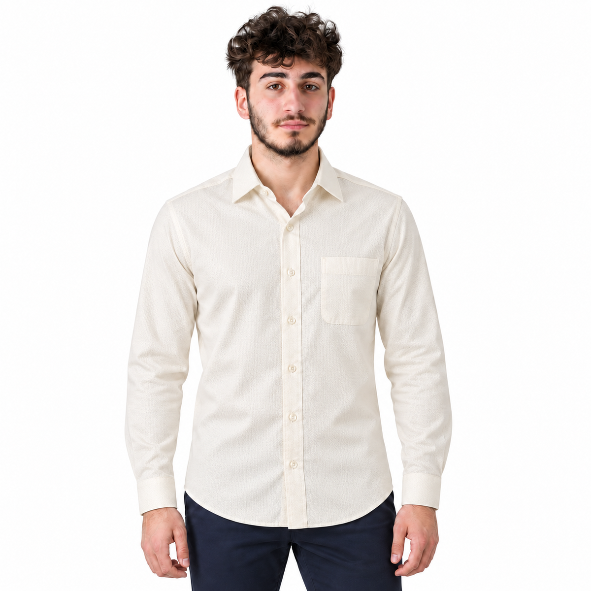 GLESTO men's cream textured cotton full sleeve shirt – front view on white background