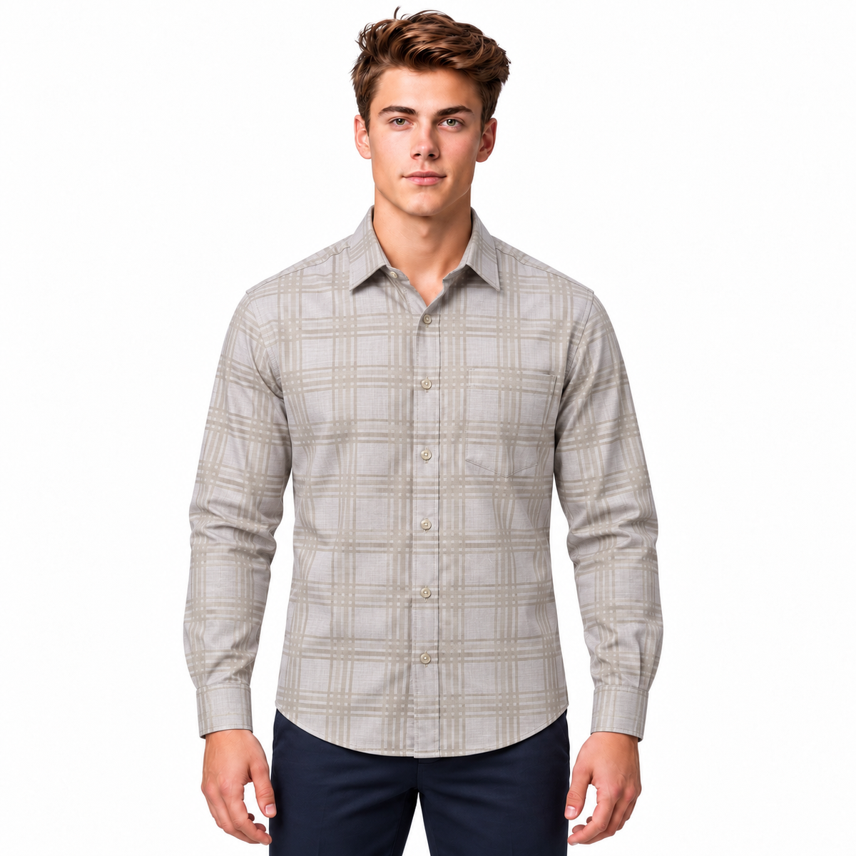 GLESTO men's beige checked cotton full sleeve shirt – front view on white background