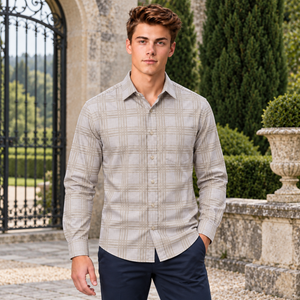 GLESTO men's beige checked cotton shirt worn outdoors – front view