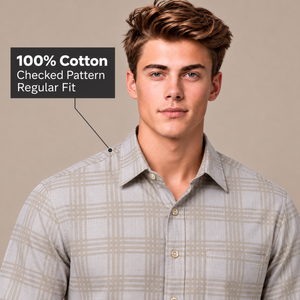 GLESTO beige checked shirt – collar and 100% cotton fabric close-up