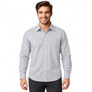 GLESTO men's grey and white striped cotton full sleeve shirt – front view on white background