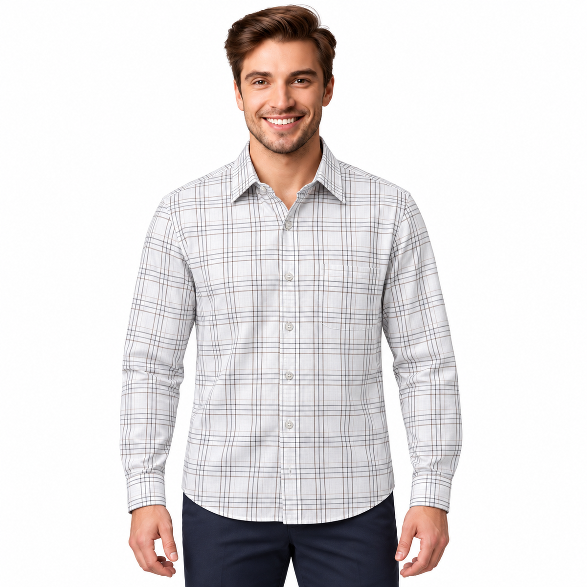 GLESTO men's white checked cotton full sleeve shirt – front view on white background