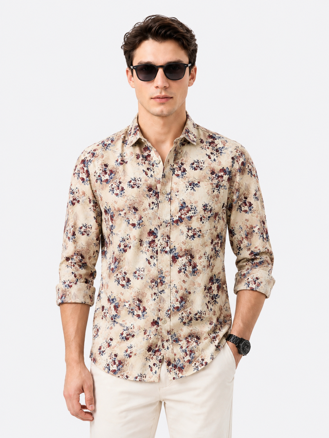 Men’s Premium Beige Floral Printed Casual Shirt