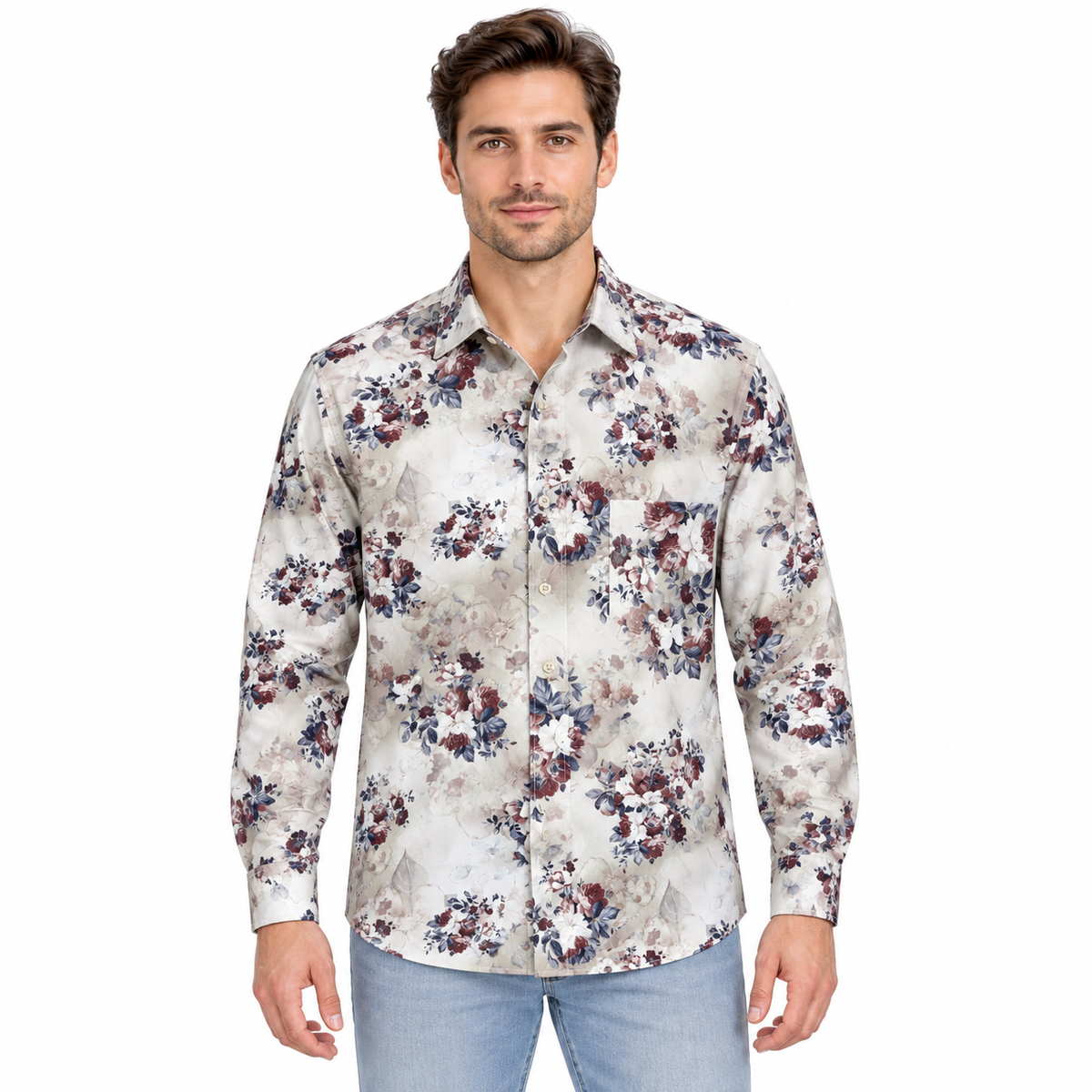 GLESTO men's beige floral printed casual shirt