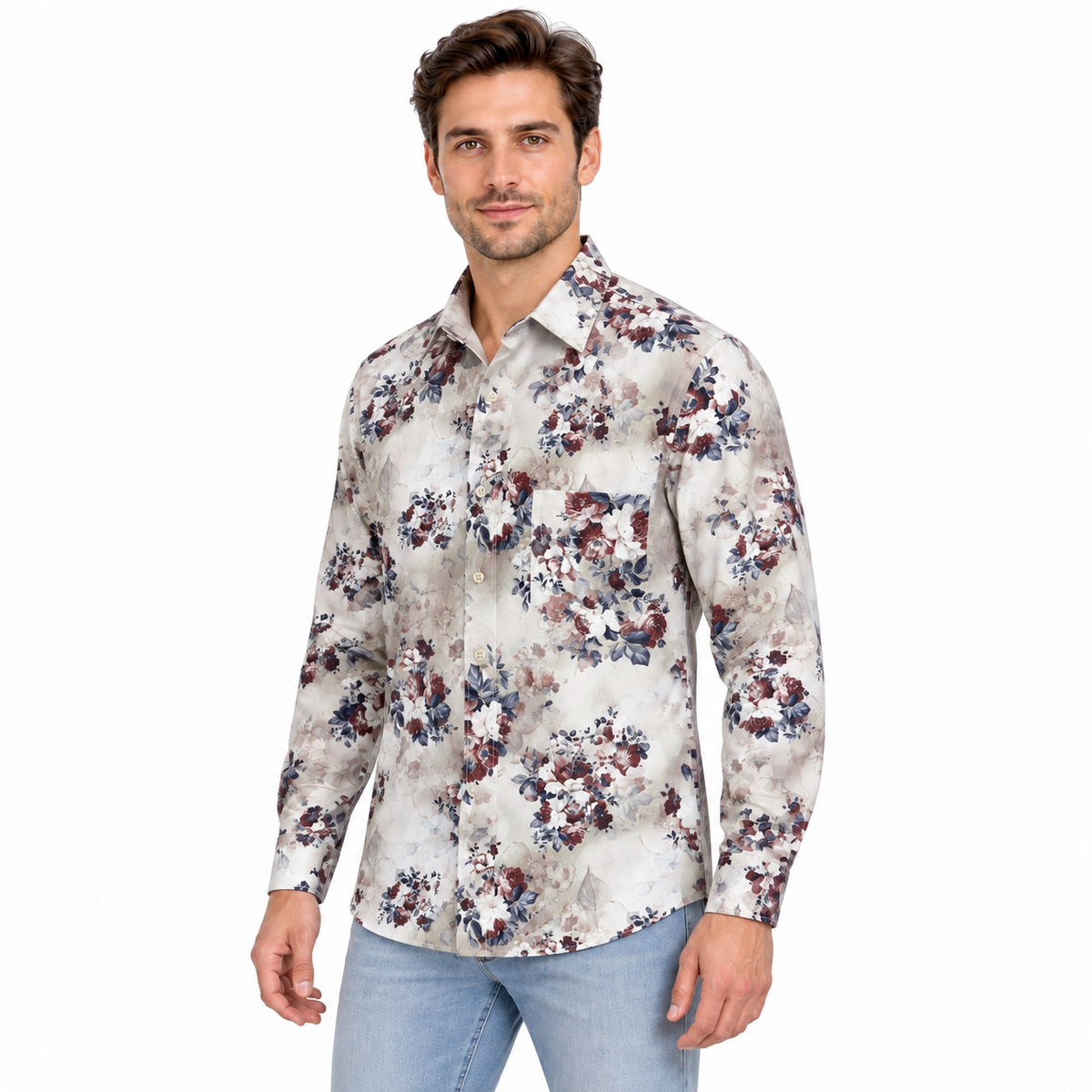 GLESTO men's beige floral printed casual shirt – view 6