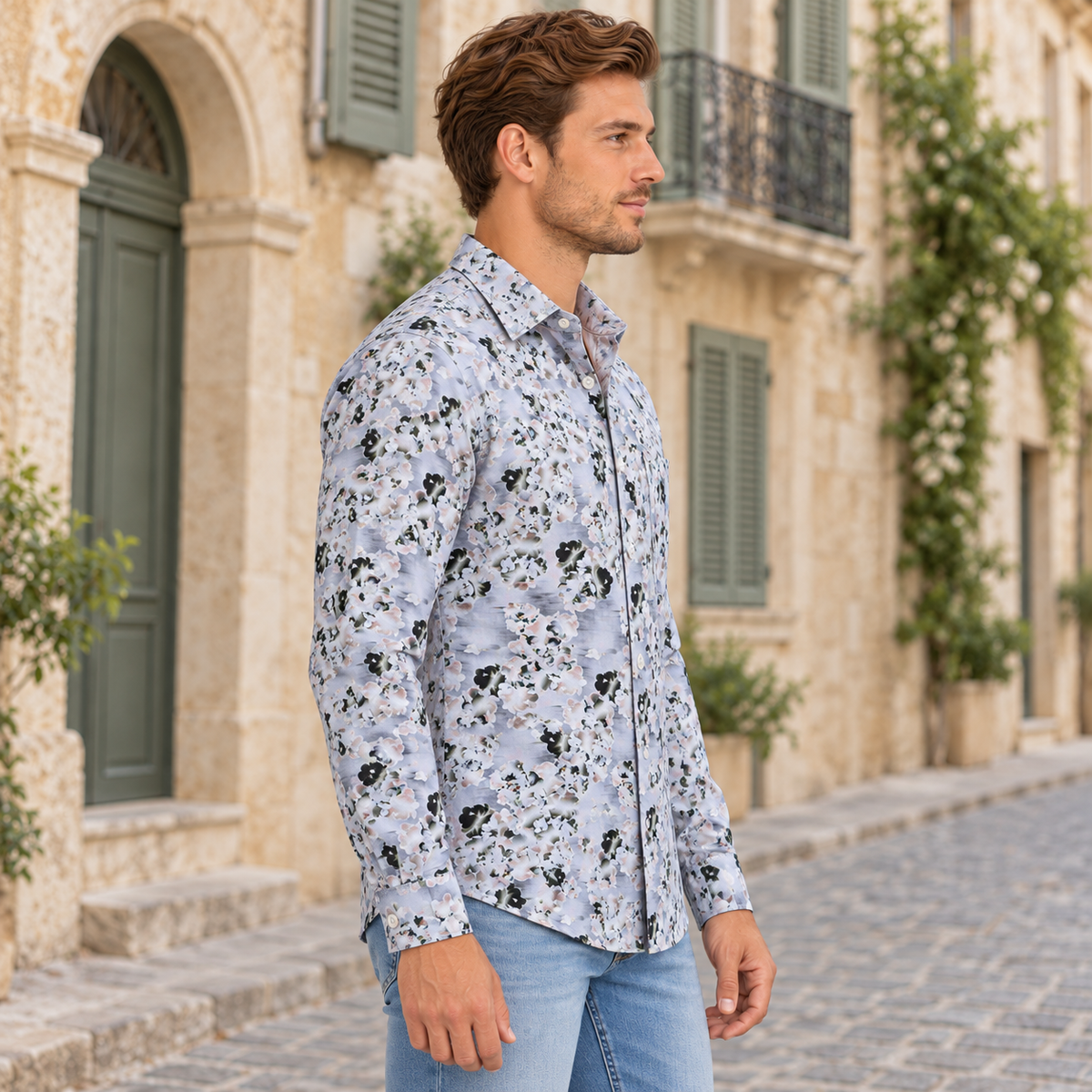 GLESTO men's white floral printed casual shirt – view 5