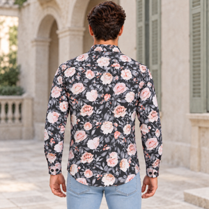 GLESTO men's black floral print cotton shirt, full sleeve – view 6