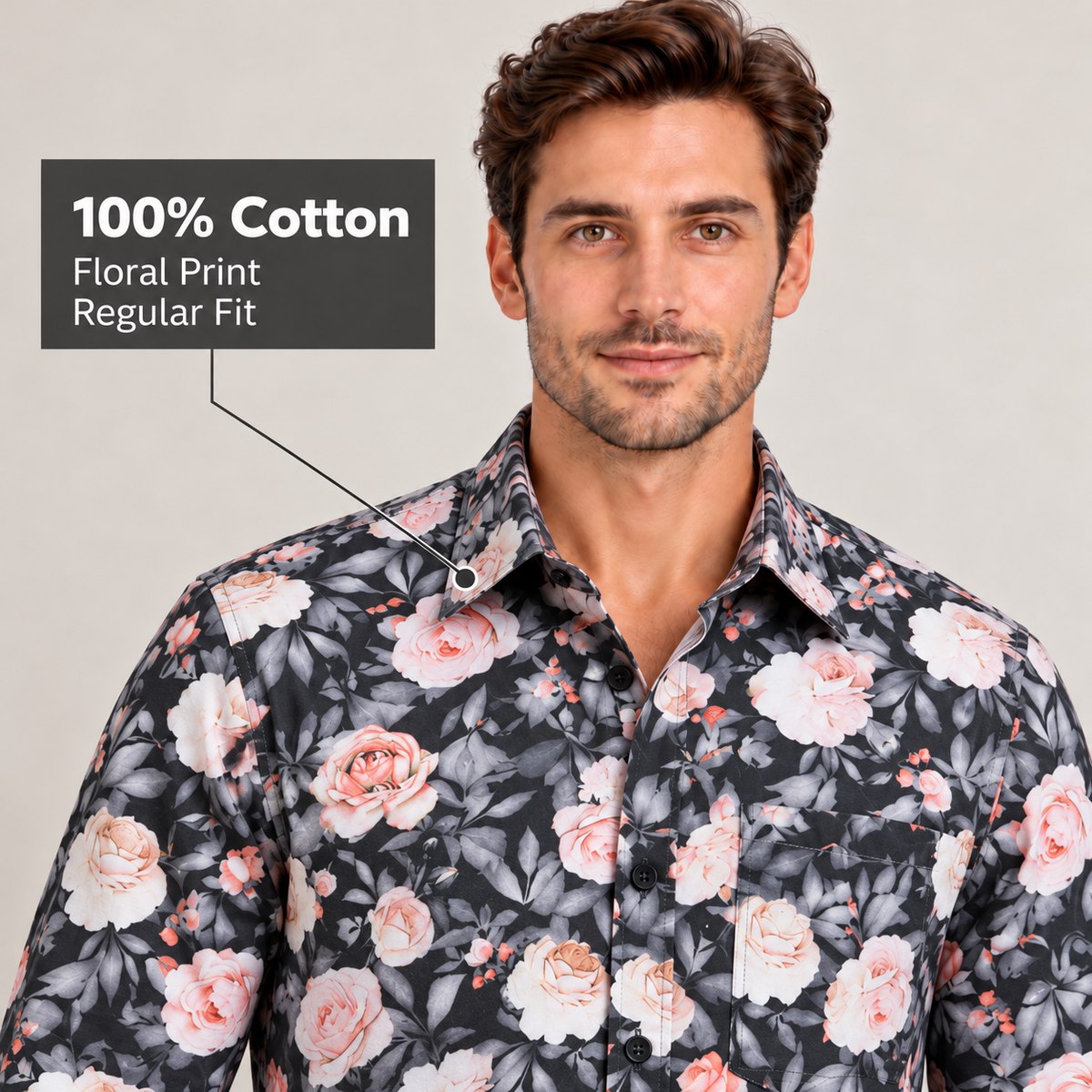 GLESTO men's black floral print cotton shirt, full sleeve – view 3