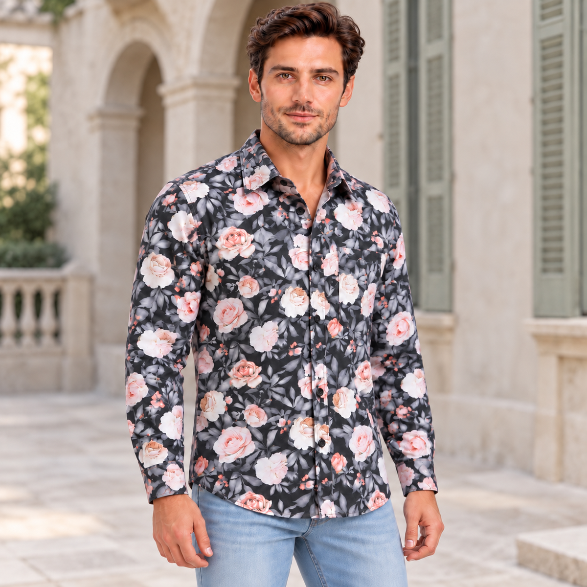 GLESTO men's black floral print cotton shirt, full sleeve – view 2