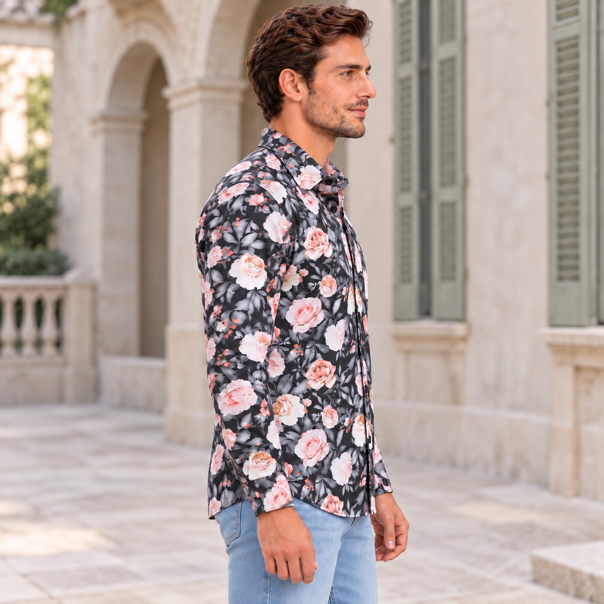 GLESTO men's black floral print cotton shirt, full sleeve – view 5