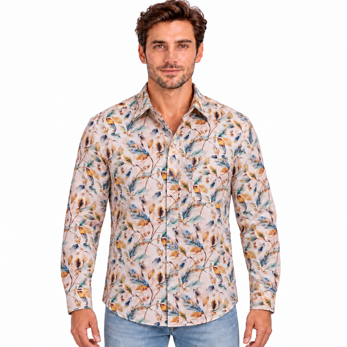 GLESTO Verona Meadow beige botanical print shirt for men