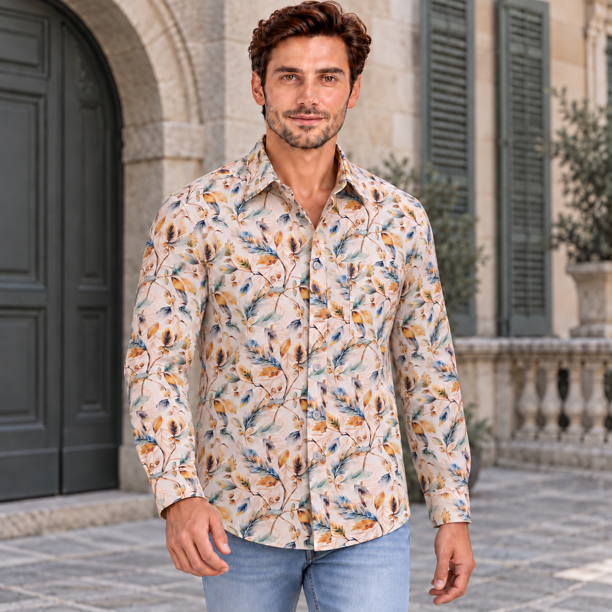 GLESTO Verona Meadow beige botanical print shirt for men – view 5