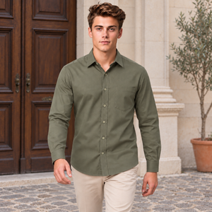 GLESTO men's olive green solid cotton shirt worn outdoors – front view