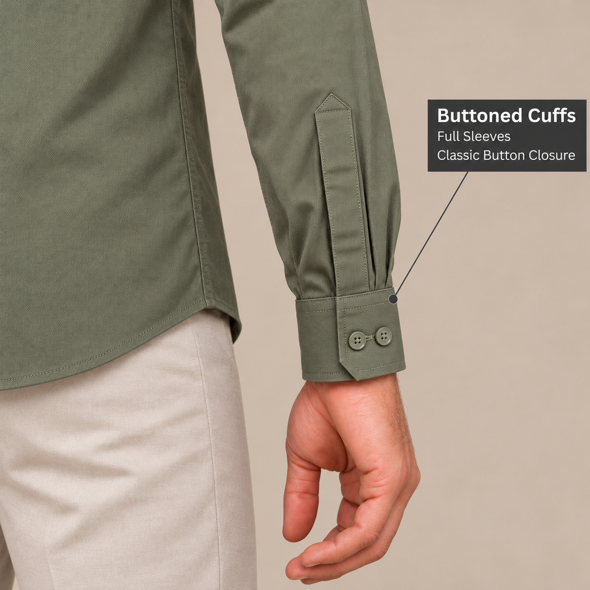 GLESTO olive green shirt – buttoned cuff close-up