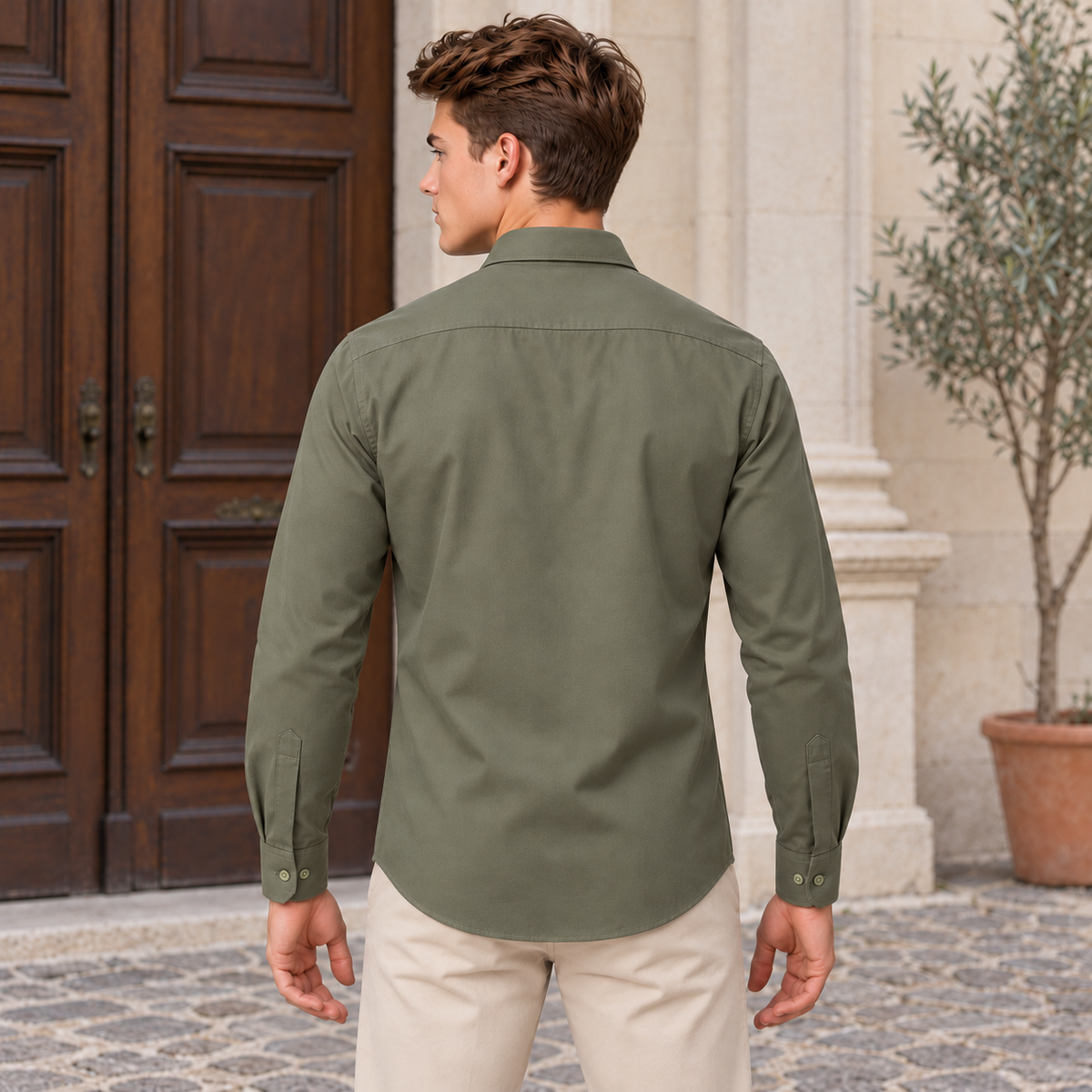 GLESTO men's olive green cotton shirt – back view