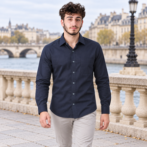 GLESTO men's navy blue solid cotton shirt worn outdoors – front view