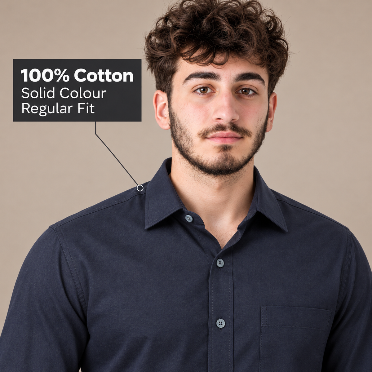 GLESTO navy blue shirt – collar and 100% cotton fabric close-up