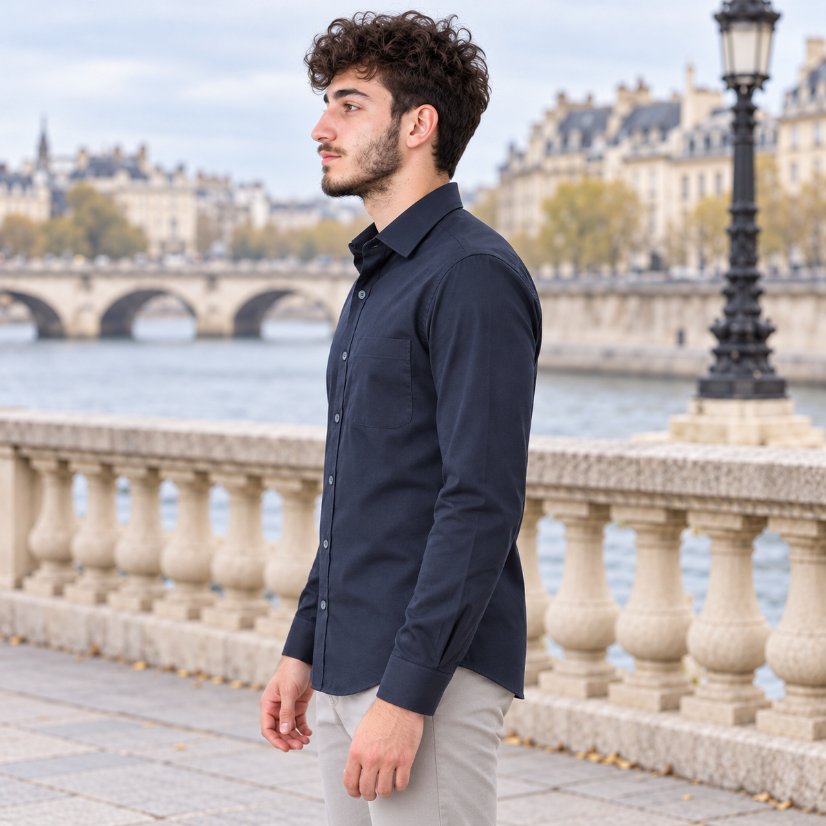GLESTO men's navy blue cotton shirt – side view