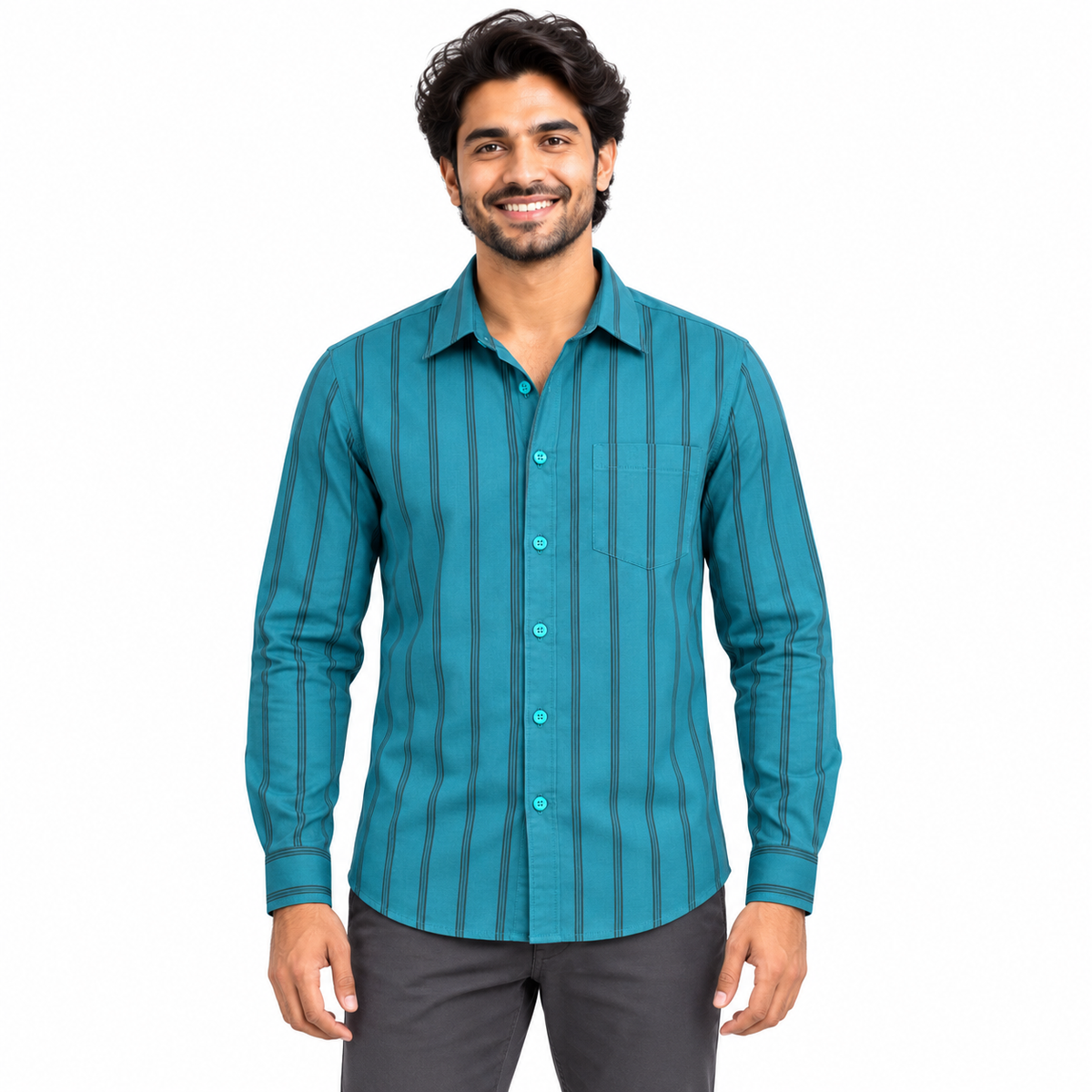 GLESTO men's teal blue striped cotton full sleeve shirt – front view on white background