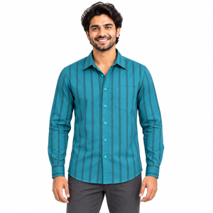 GLESTO men's teal blue striped cotton full sleeve shirt – front view on white background