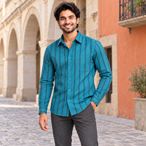 GLESTO men's teal blue vertical stripe casual shirt – outdoor look