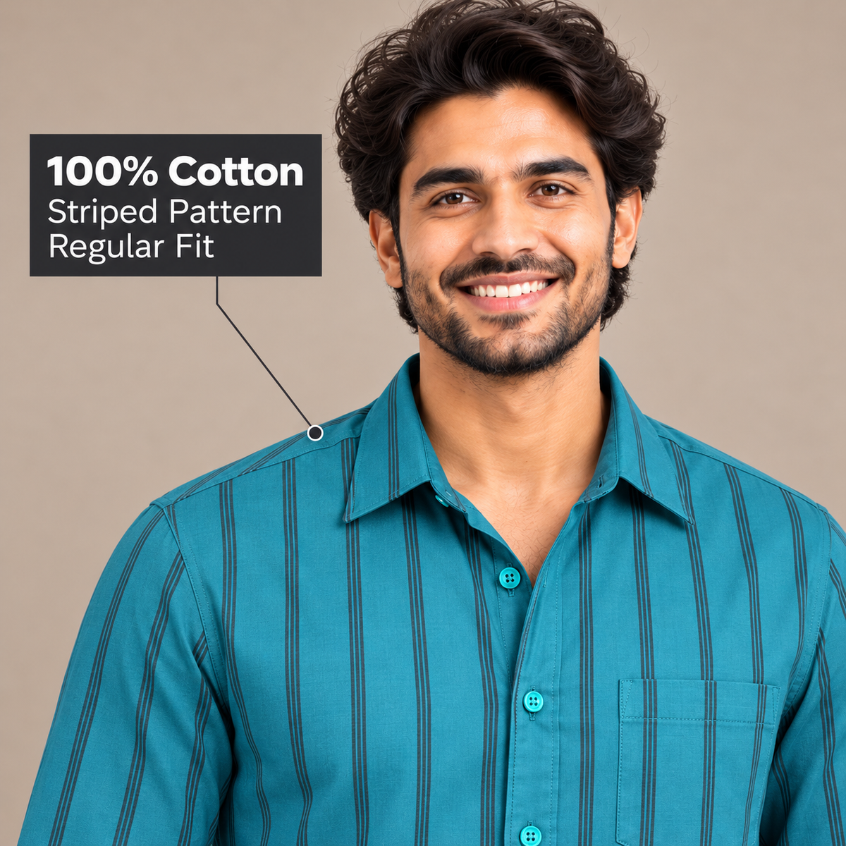 GLESTO teal blue striped shirt – collar and 100% cotton fabric close-up