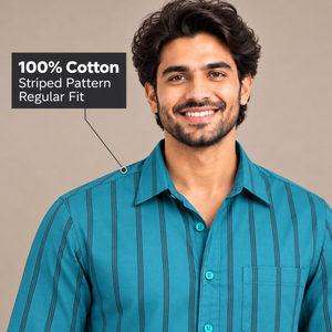 GLESTO teal blue striped shirt – collar and 100% cotton fabric close-up