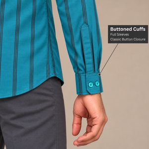 GLESTO teal blue striped shirt – buttoned cuff close-up