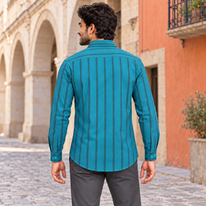 GLESTO men's teal blue striped cotton shirt – back view