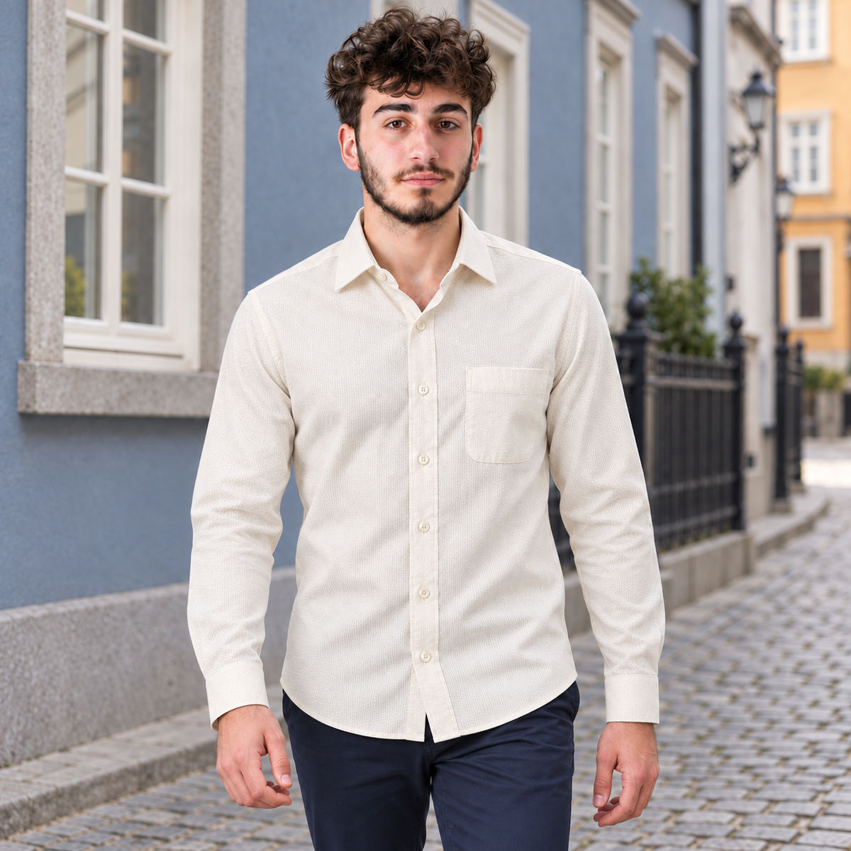 GLESTO men's cream textured cotton shirt worn outdoors – front view