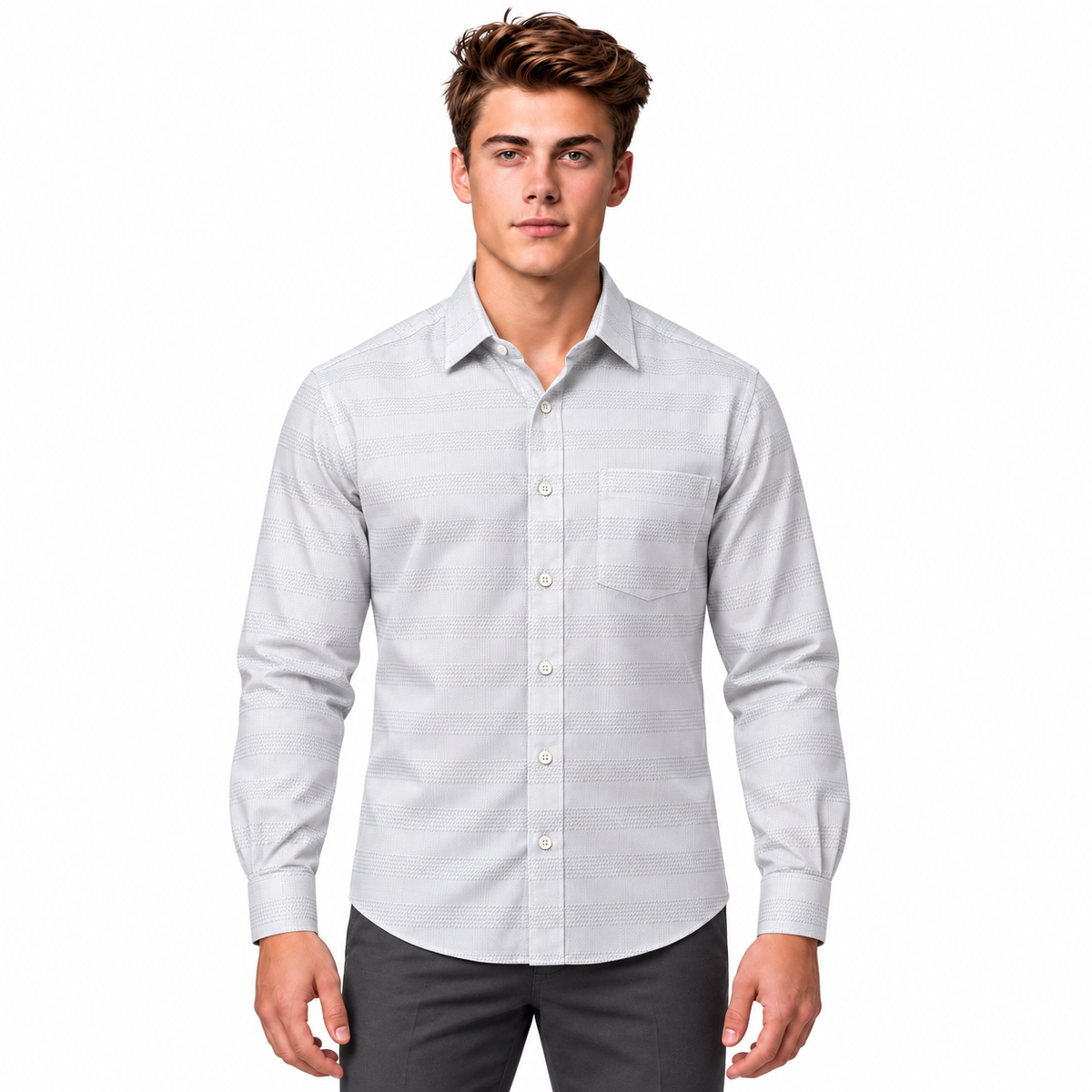 GLESTO men's light grey textured stripe cotton full sleeve shirt – front view on white background