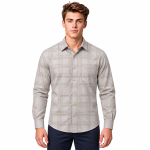 GLESTO men's beige checked cotton full sleeve shirt – front view on white background