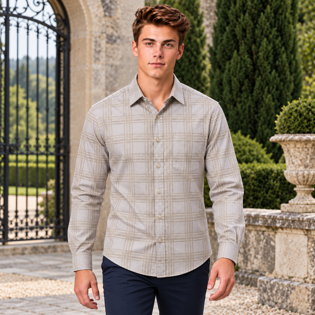 GLESTO men's beige check casual shirt – outdoor look