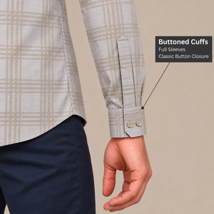 GLESTO beige checked shirt – buttoned cuff close-up