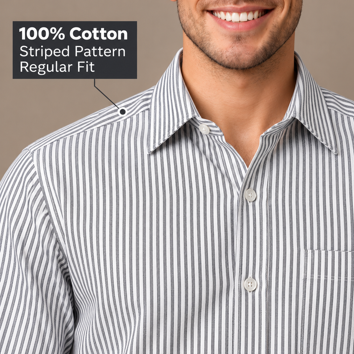 GLESTO grey and white striped shirt – collar and 100% cotton fabric close-up