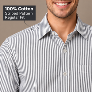 GLESTO grey and white striped shirt – collar and 100% cotton fabric close-up