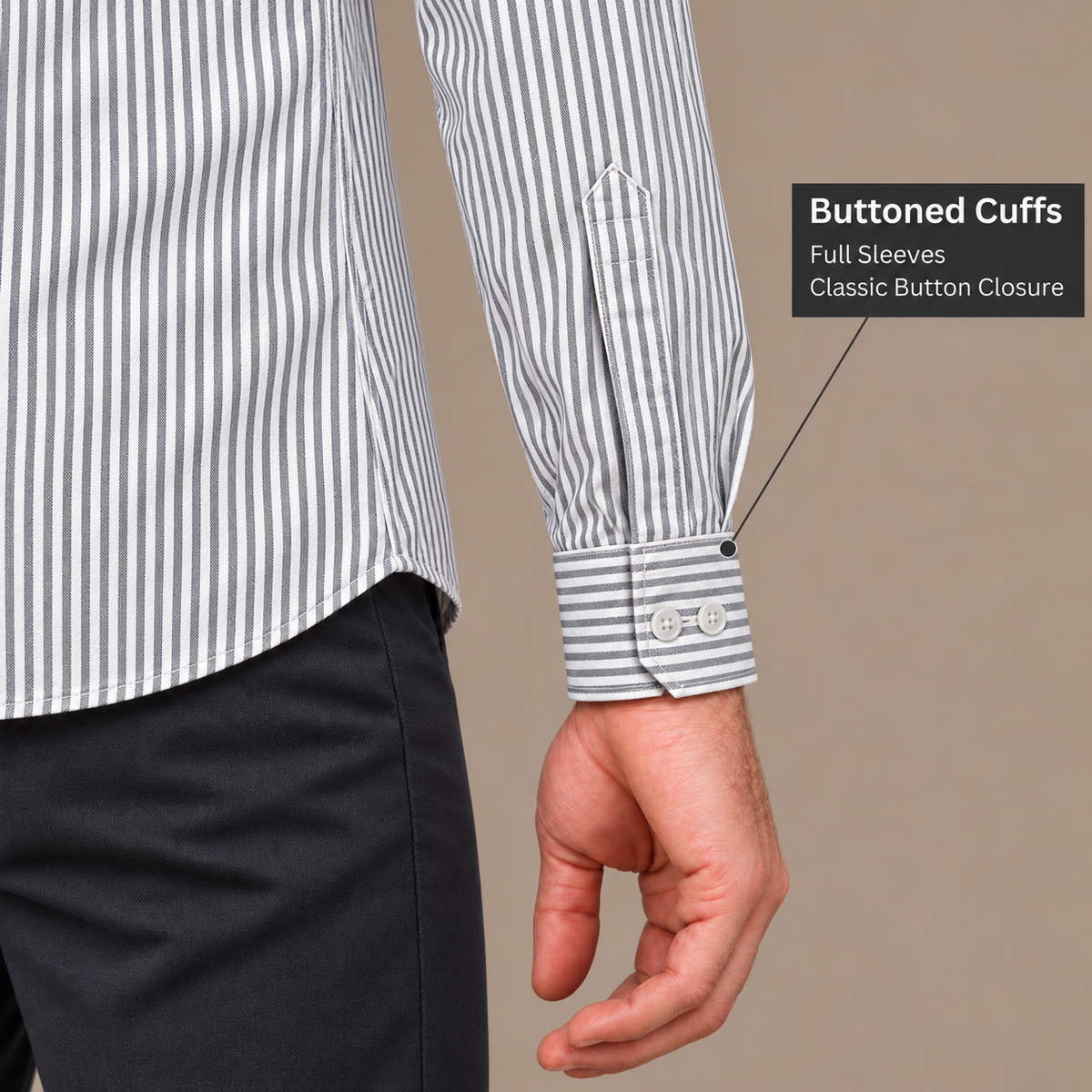 GLESTO grey and white striped shirt – buttoned cuff close-up